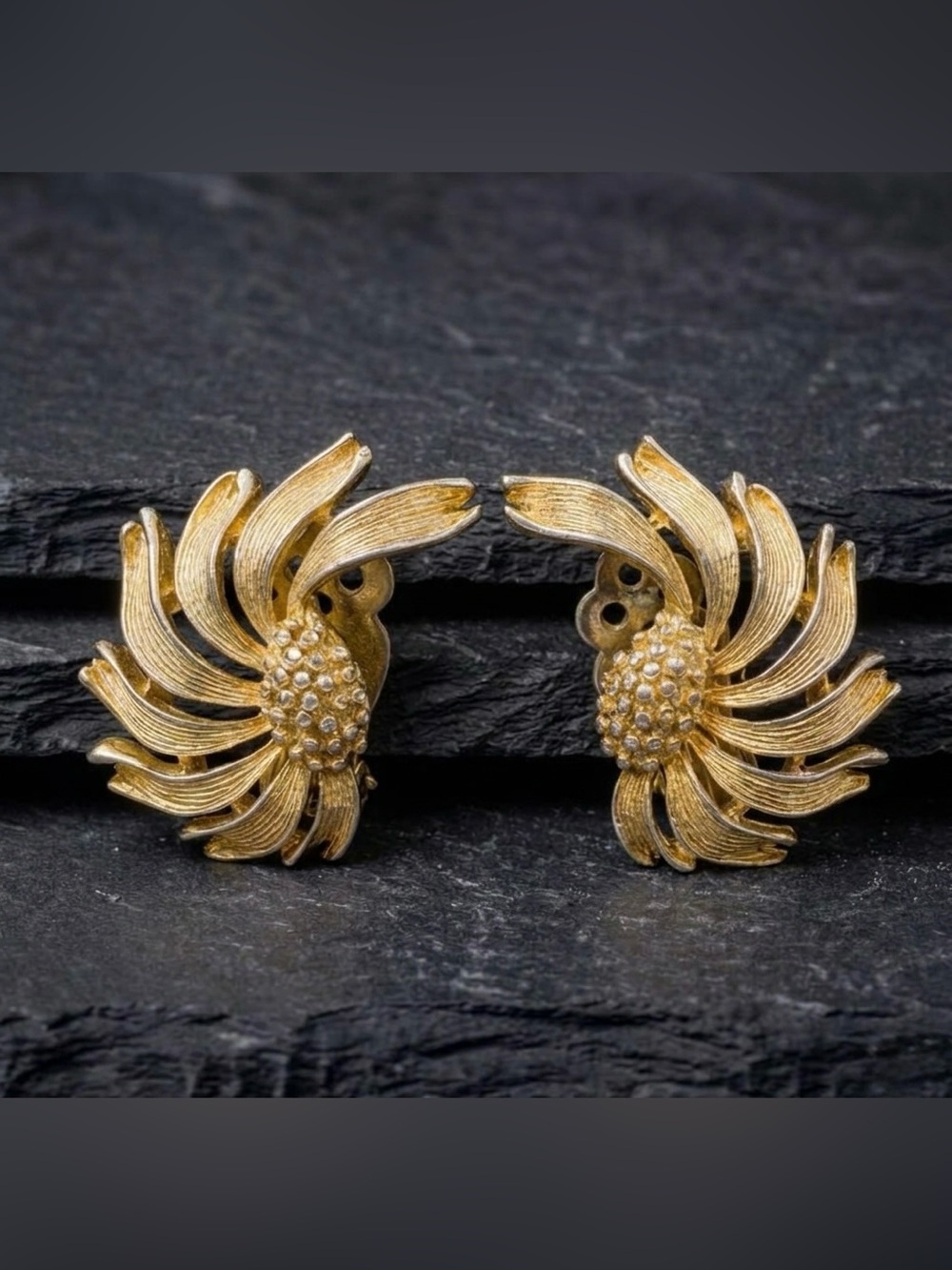 Vintage 60s Gold Tone Brushed Textured Abstract Half Daisy Climber Clip Earrings